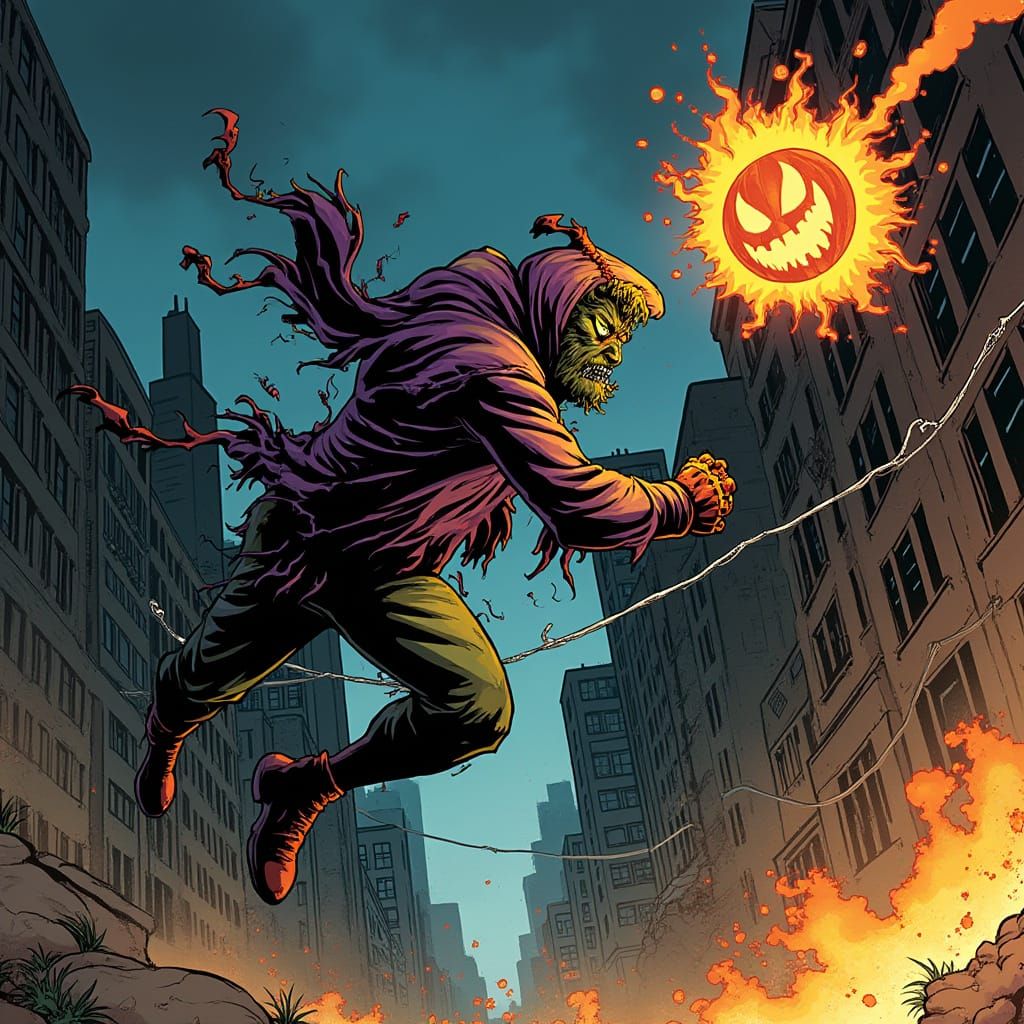 The Green Goblin throws a pumpkin bomb at Spider-man
