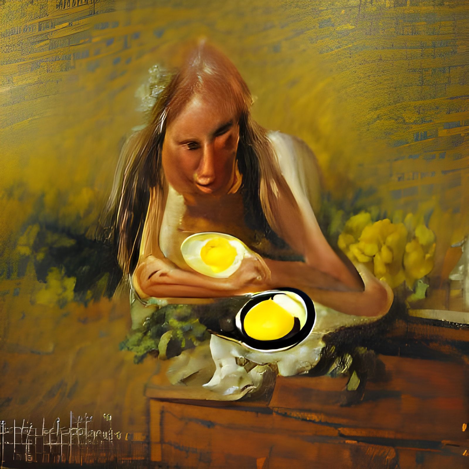 Woman Eating Egg at Night: Oil Painting