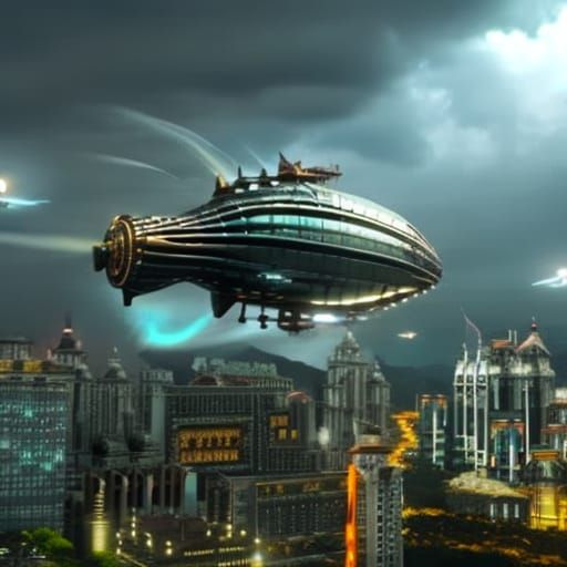 Shenzhen in the style Enchanted, mystical, magical, steampunk airship overhead with propellers, Victoria Terminus, apoca...