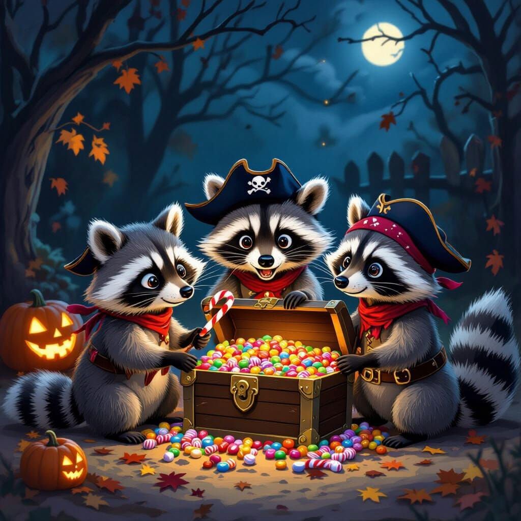 Pirate Raccoons Guarding Candy Treasure Chest