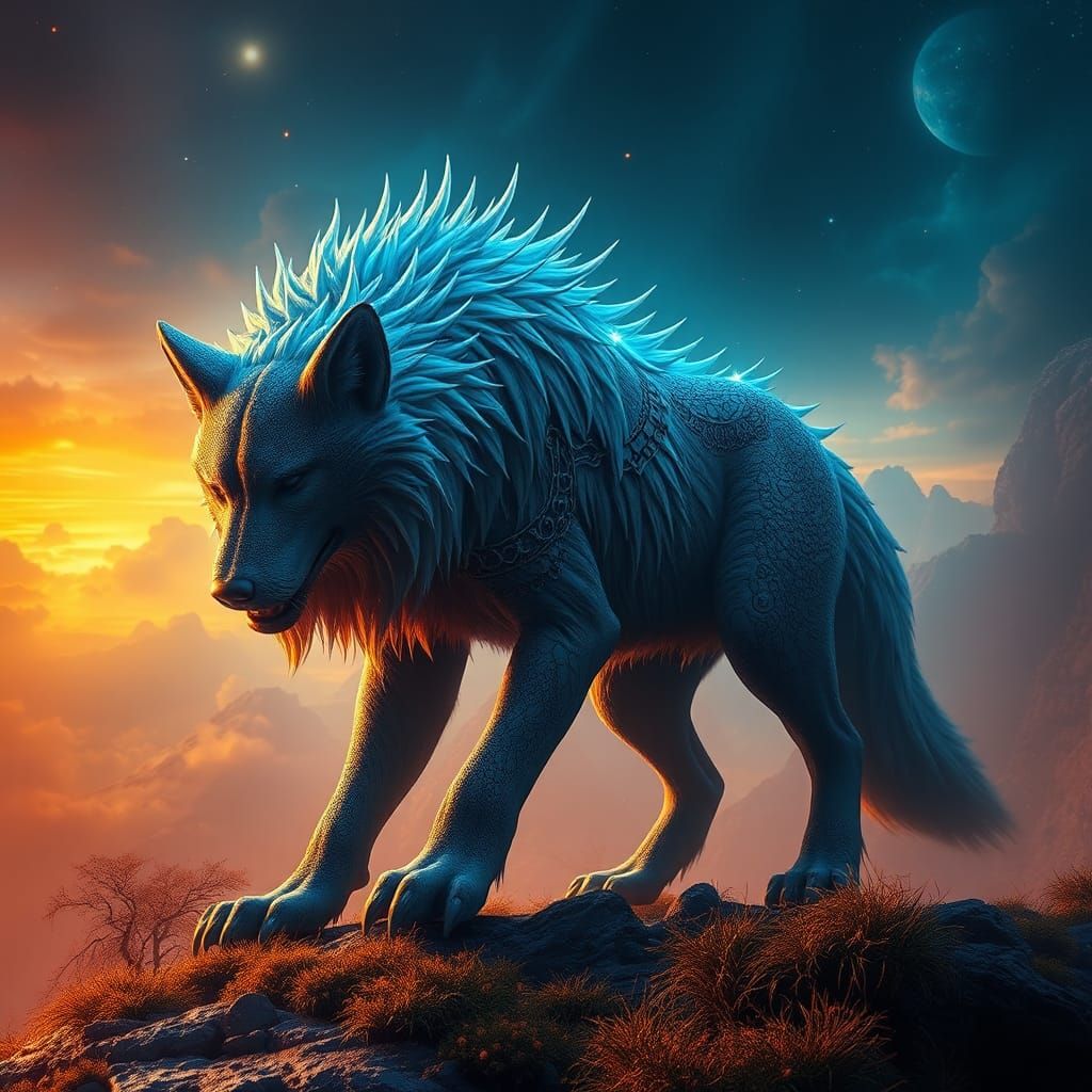 Mystical Wolf in Dreamlike Fantasy Landscape