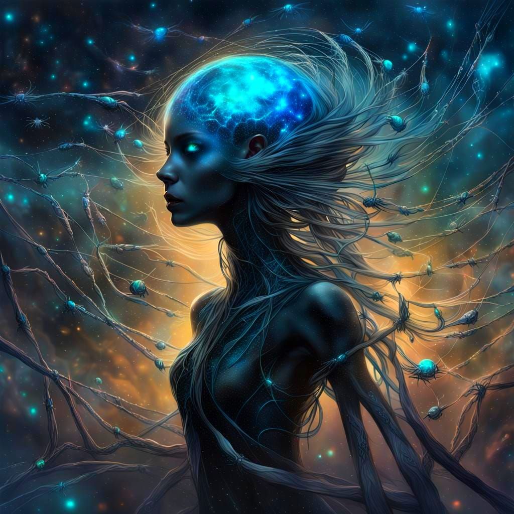 Ethereal Nebula Goddess Entwined by Celestial Spiders