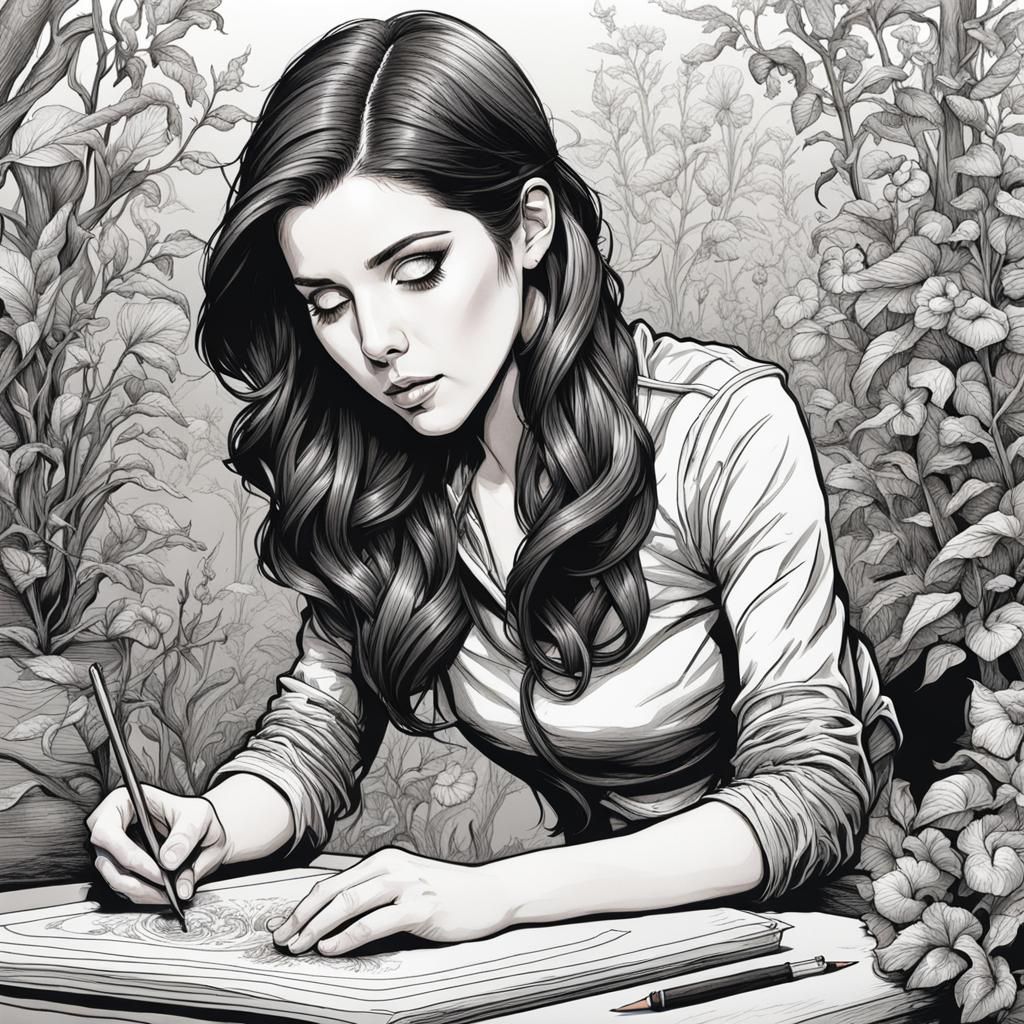 Anna Kendrick's Botanical Ink Drawing in Comic Style