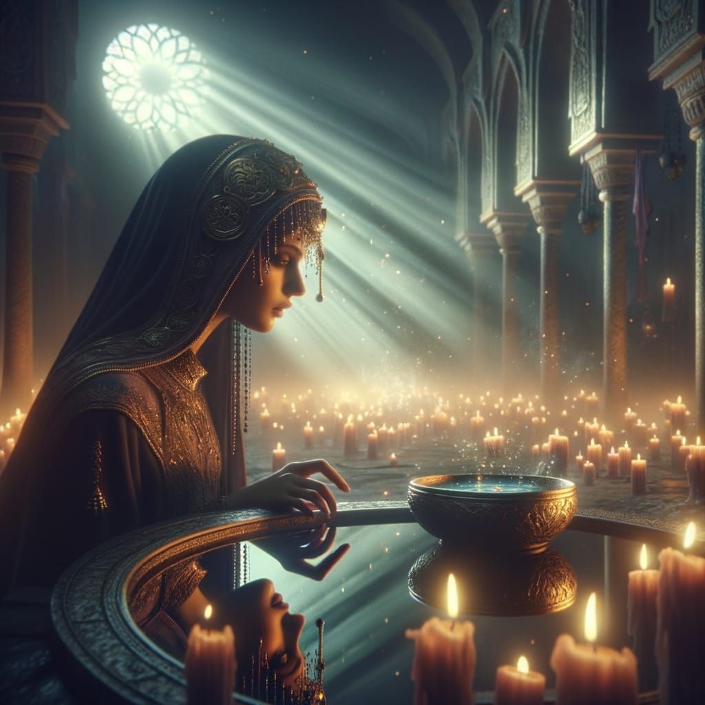Ethereal Priestess Gazing into Water, Matte Painting