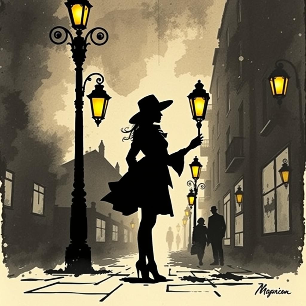 Steampunk Silhouette by Lamppost in Ink Painting Style