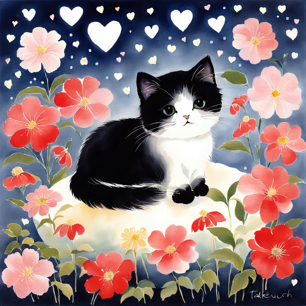 Cat with Flowers in Nihonga Style