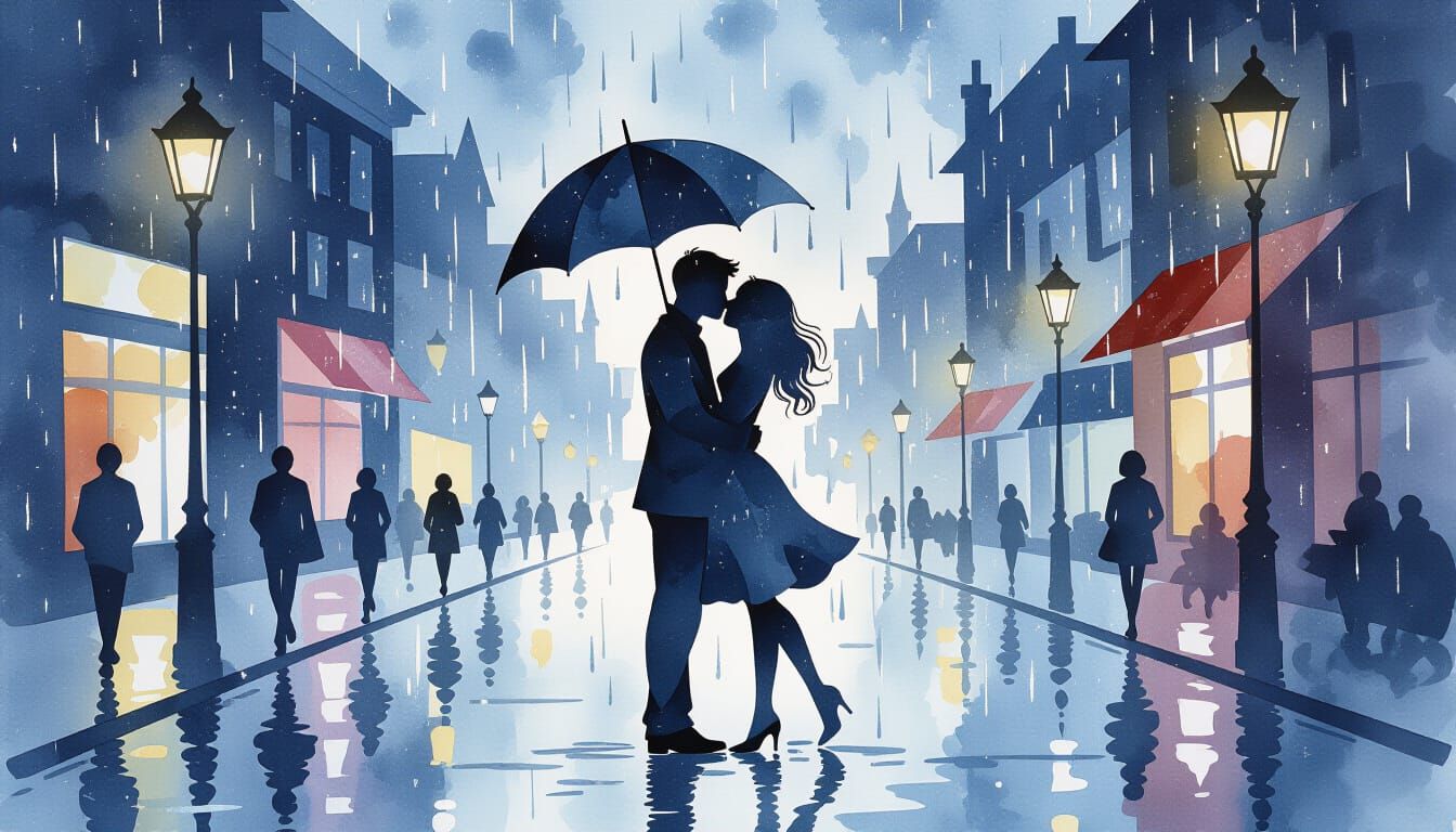 Kissing Couple Silhouette in Rainy Street, Paper Craft Style