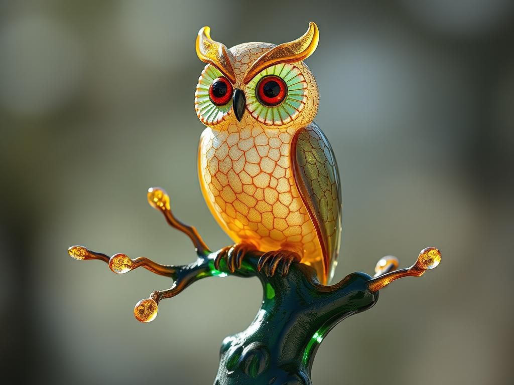 Glass Owl on Tree with Crackled Enamel Patterns