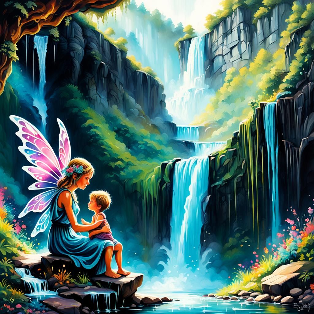 Fairy Mother and Son by Waterfall in Graffiti Art