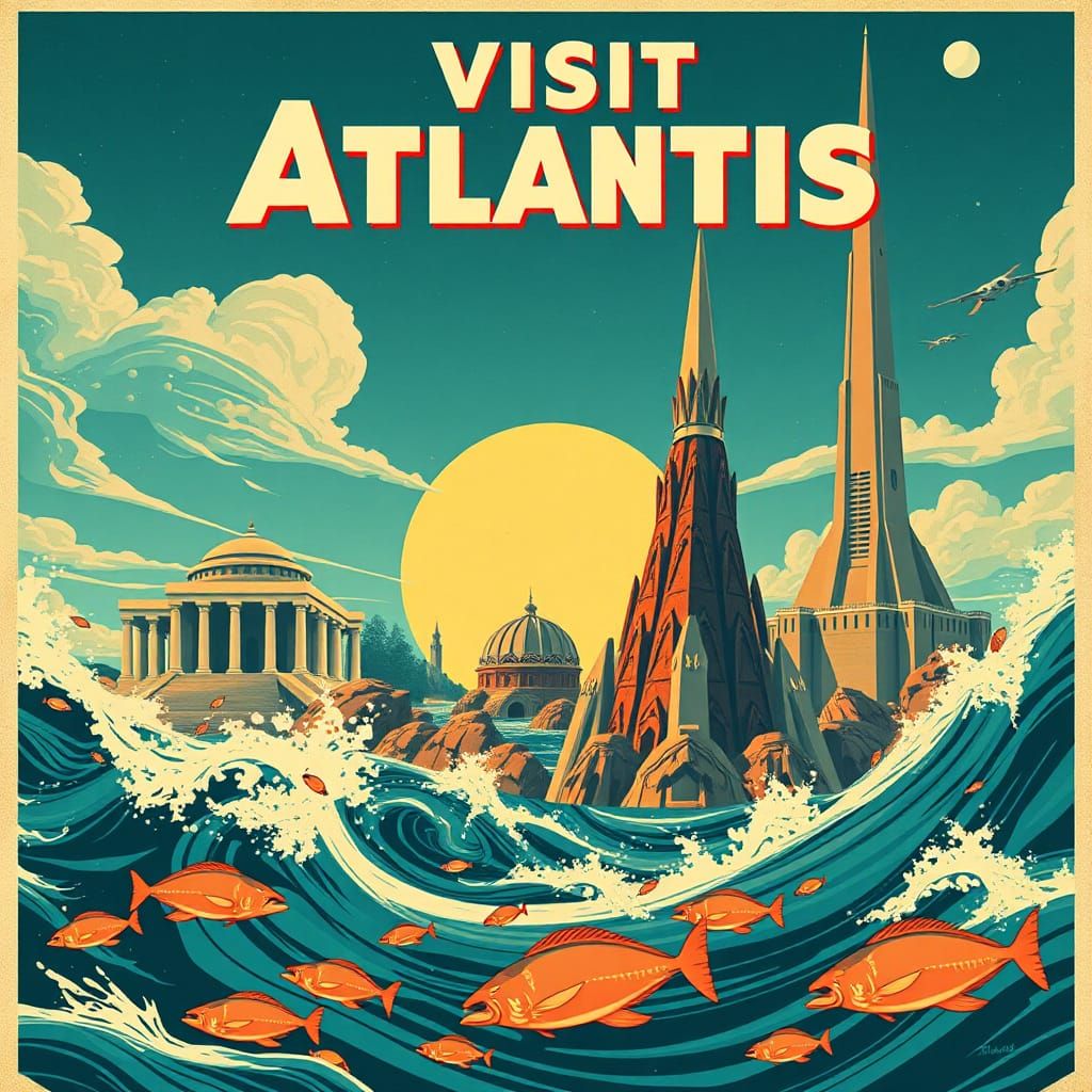 Visit Atlantis: Retro-Futuristic Travel Poster