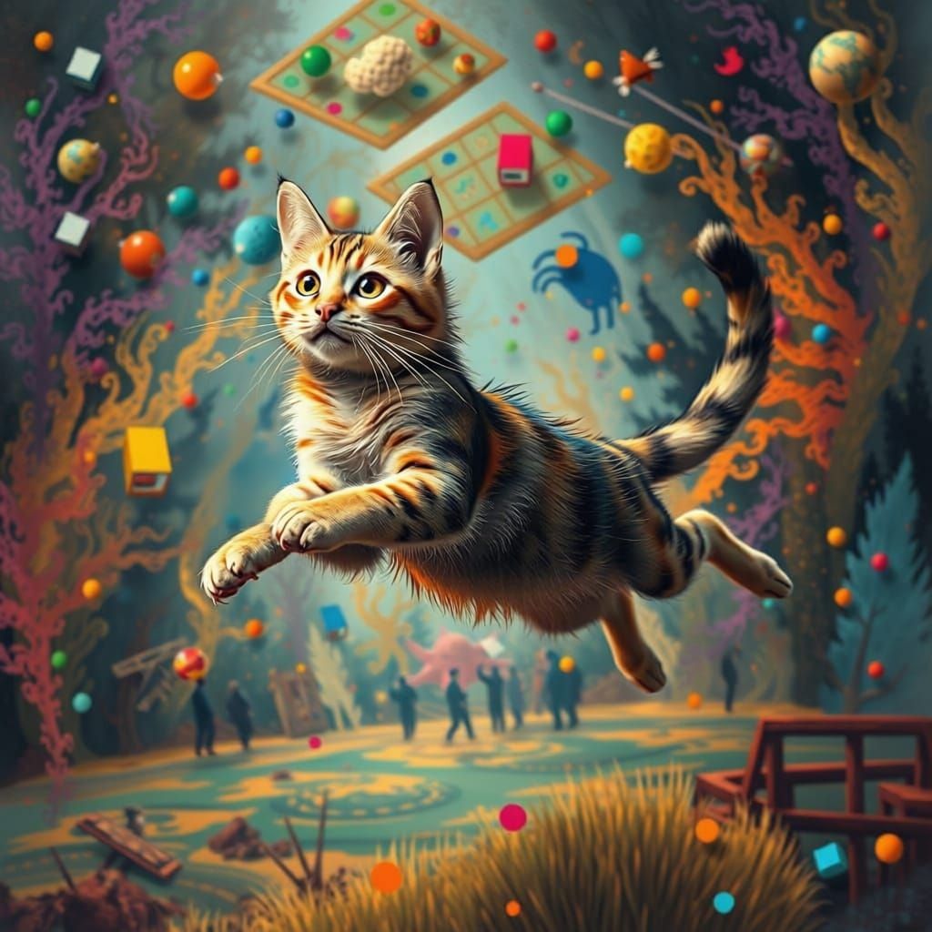 Abstract Leaping Cat in Surreal Style