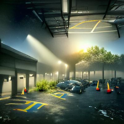 Eerie Afterlife Parking Lot in Matte Painting Style