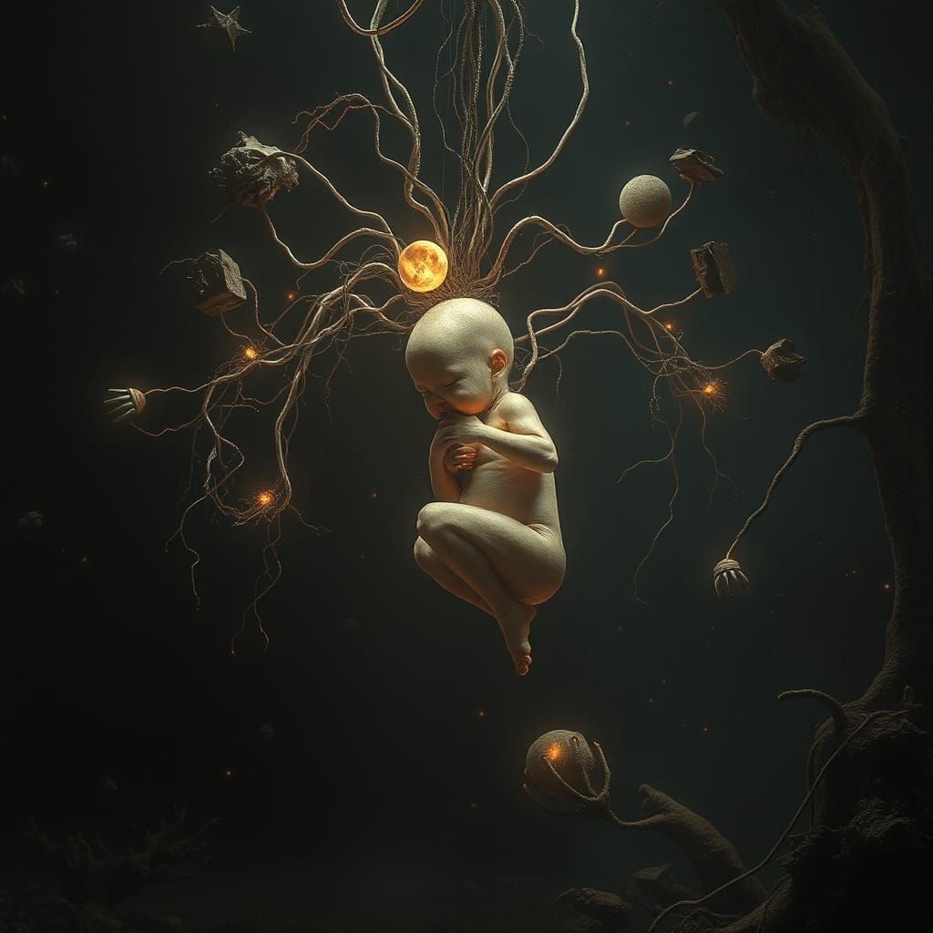 Eerie Abandoned Fetus in Mystical Void: Surreal Biomechanica...