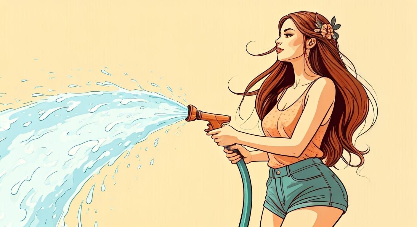 Woman Spraying Water in Alphonse Mucha Style