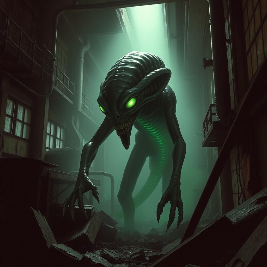 Grotesque Alien Creature in Industrial Horror Setting