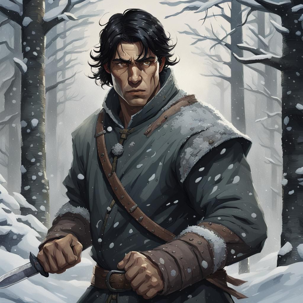 Grim Warrior in Snowy Forest: Hyperrealistic Concept Art