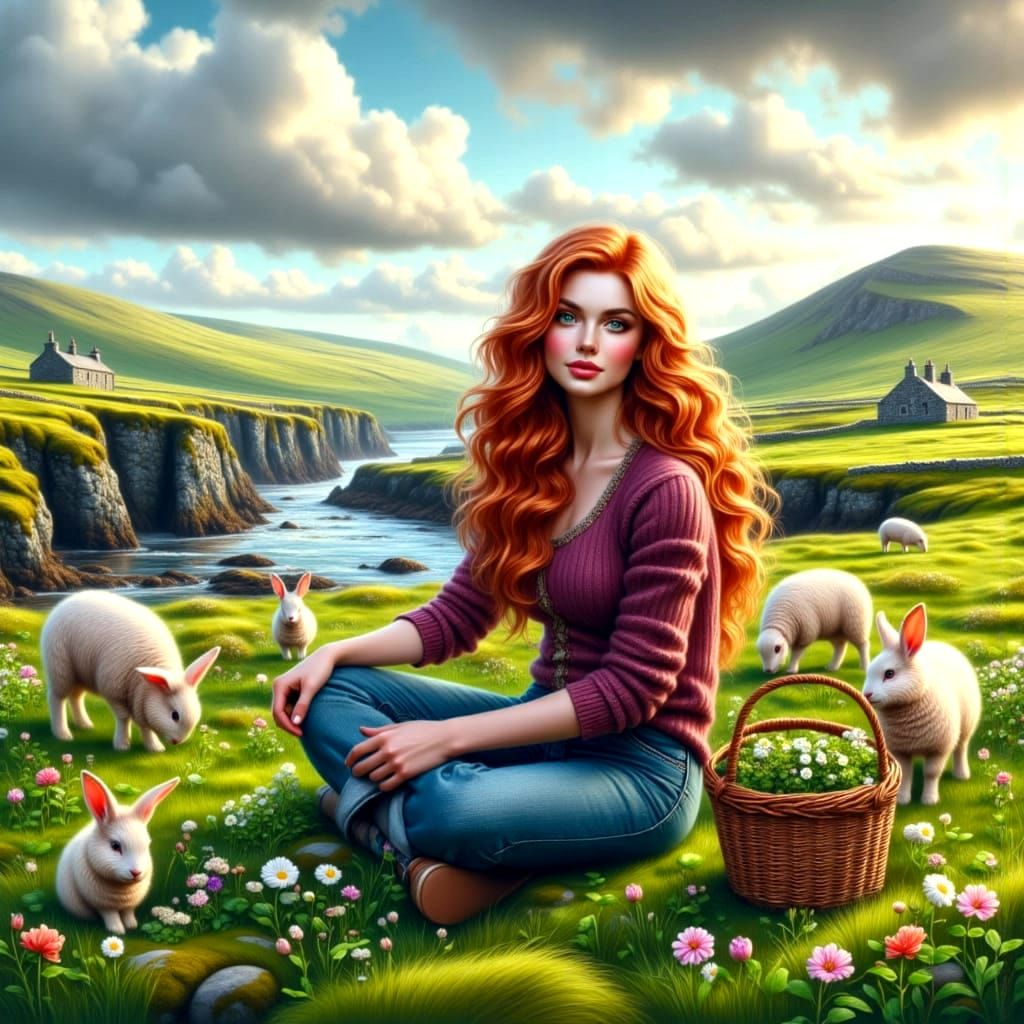 Surreal Irish Beauty Collects Wildflowers Amidst Rolling Hil...