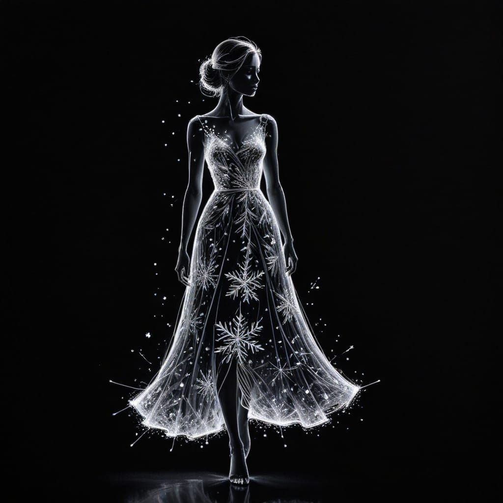 Ethereal Silver Goddess in Glowing Snowflake Dress