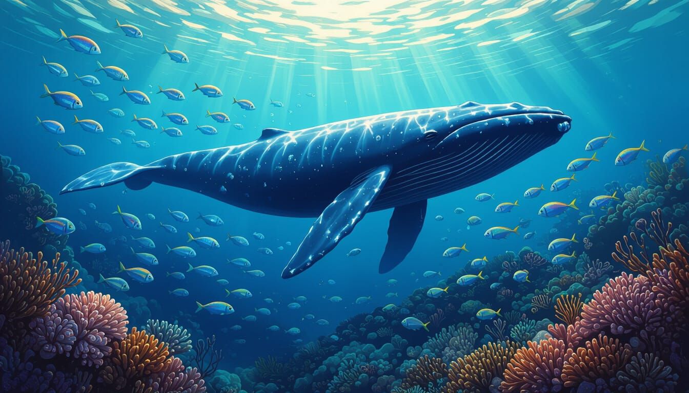 Blue Whale Gliding Through Coral Reef