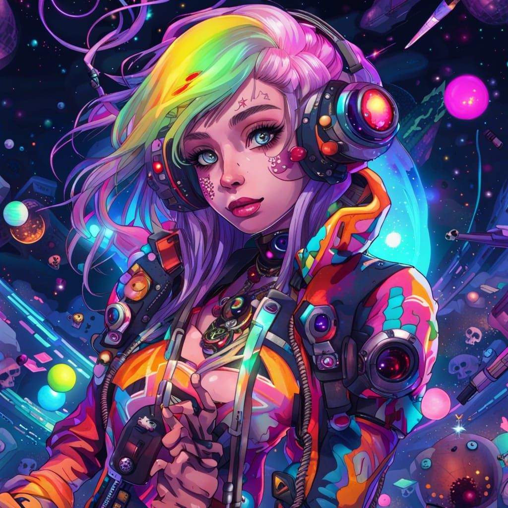 Cyberpunk Anime Girl Flying Through Neon Galaxy