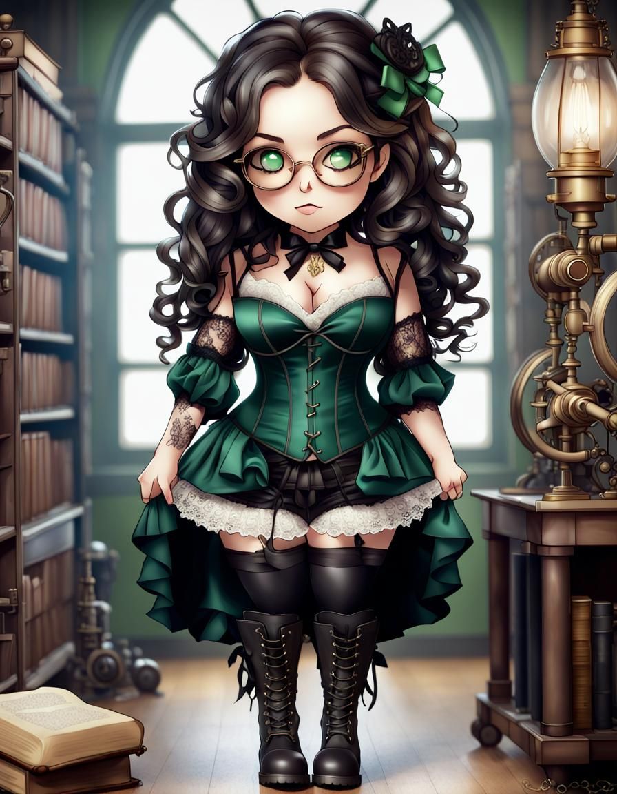 Chibi Goth Librarian with Steampunk Engine