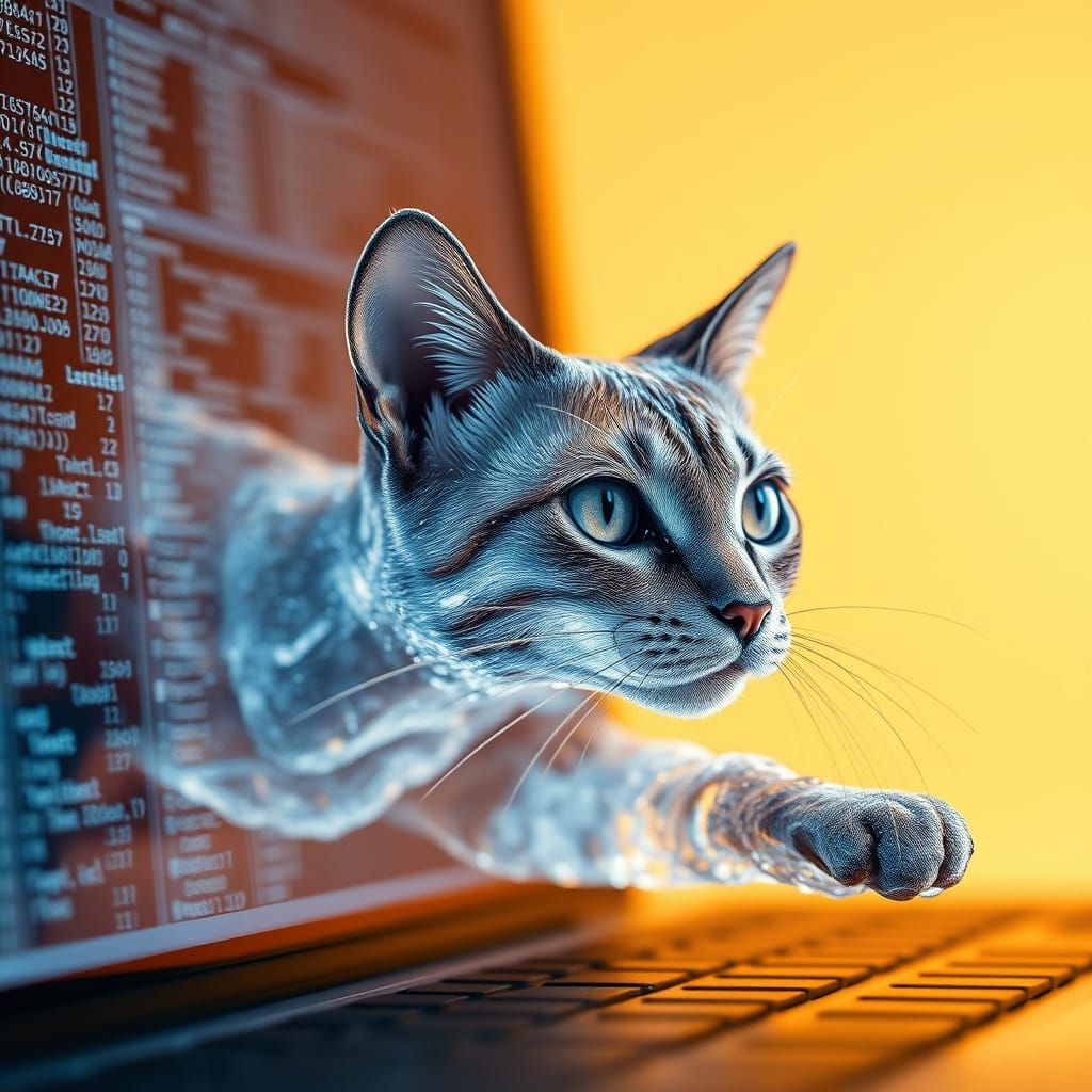Data Cat Leaping From Screen in Macro Photography Style