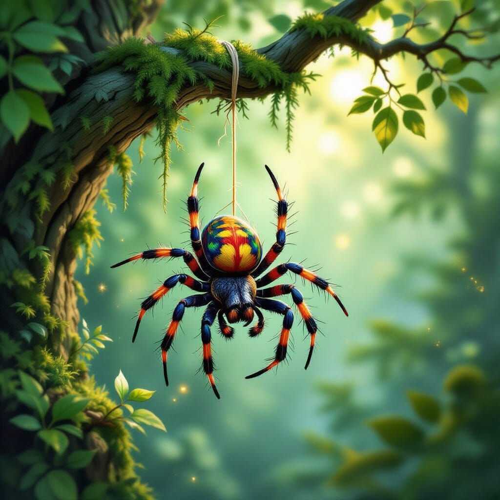 Colorful Spider Descends from Magical Forest Tree