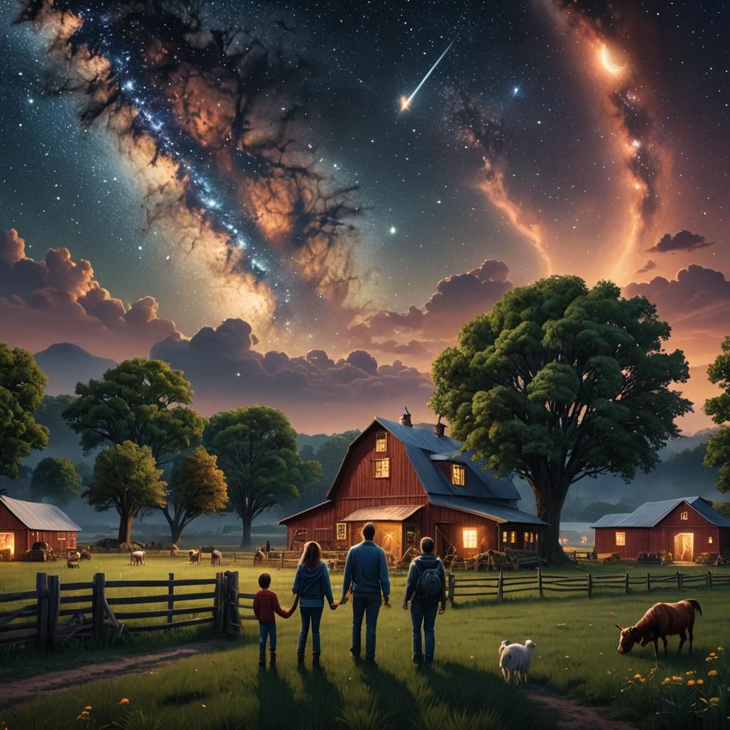 Family Stargazing at Kentucky Farm: Detailed Matte Painting