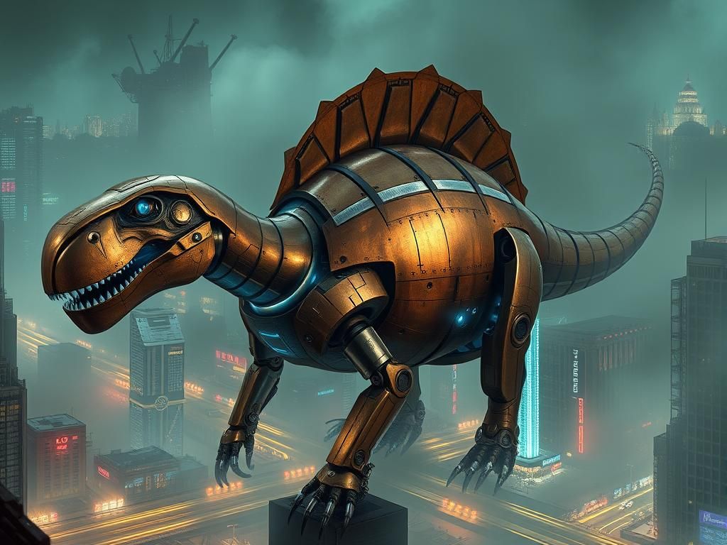 Colossal Mechanical Brontosaurus in Cyberpunk Cityscape