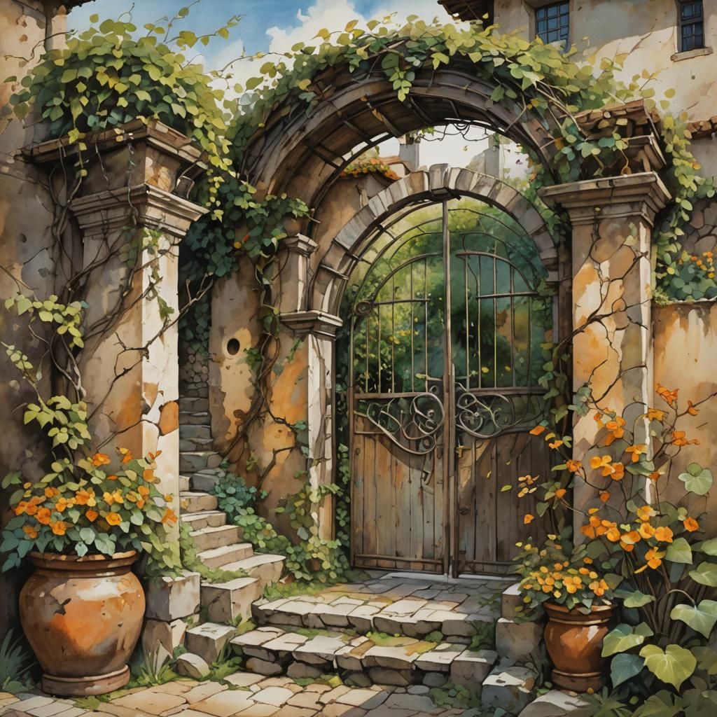 Arched Stone Gate with Vines in Earthy Tones