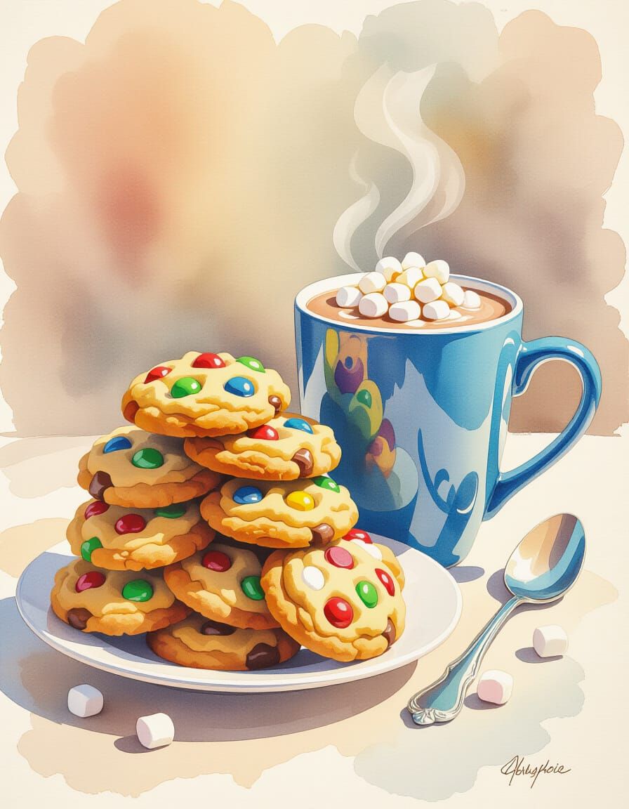 Watercolor Cookies and Hot Chocolate Art