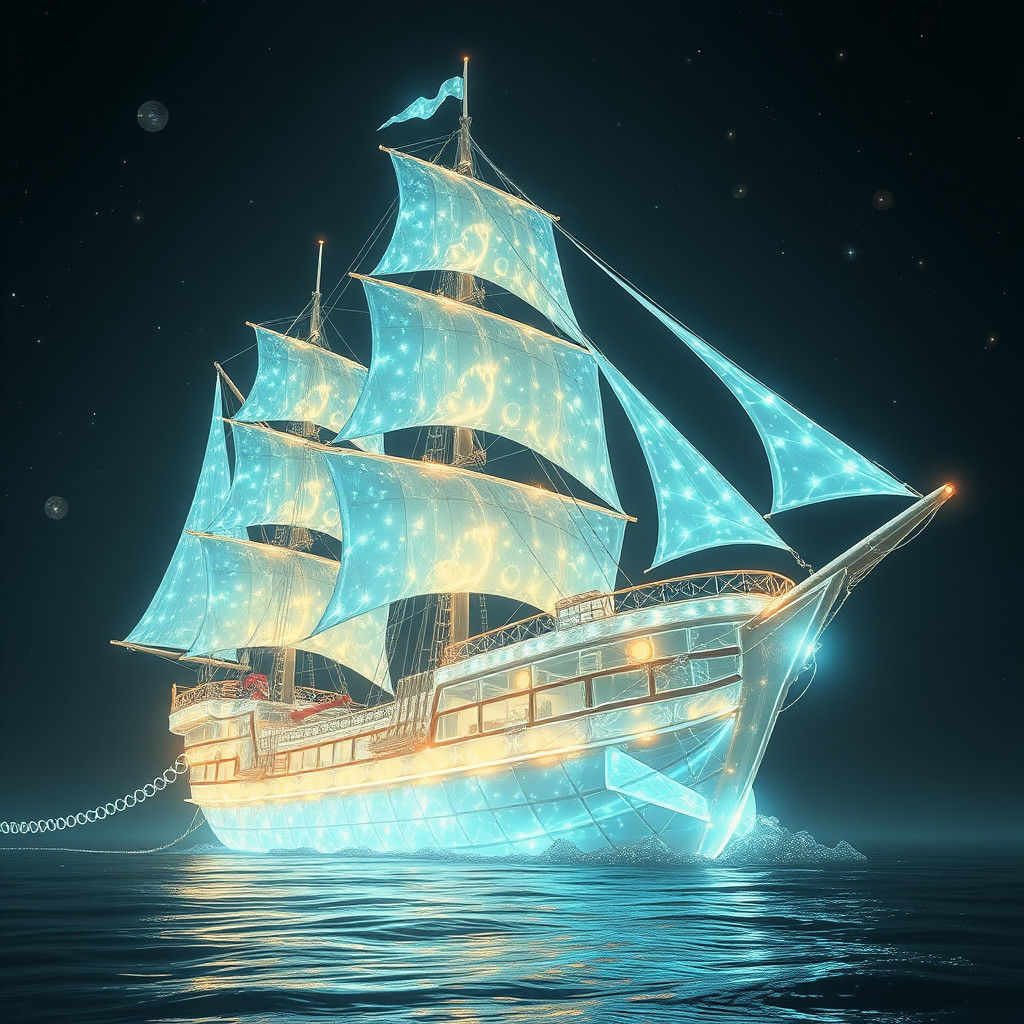 Ethereal Light Pirate Ship Sailing Night Sky