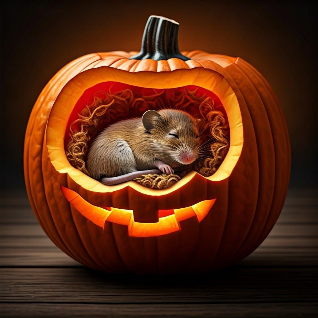 Mouse Sleeping in Halloween Pumpkin, Photorealistic Macro