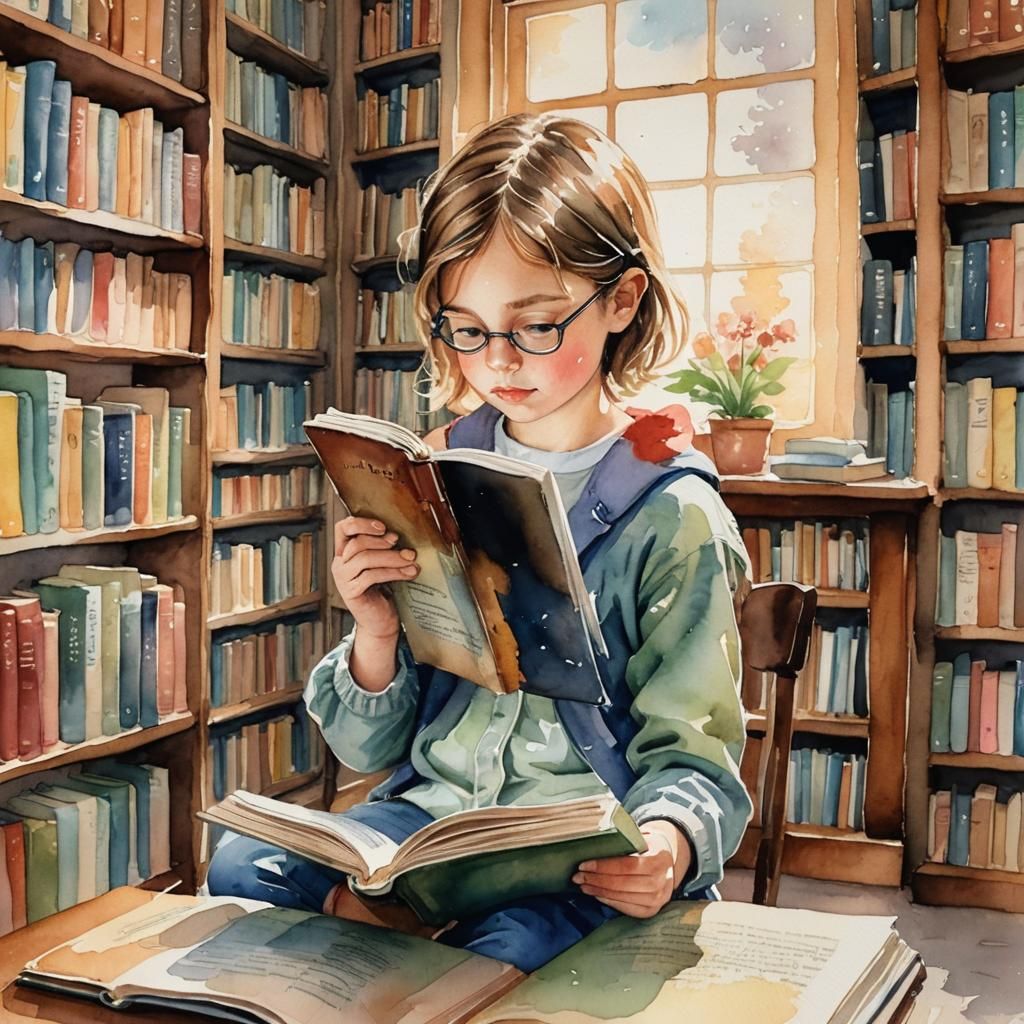 Child Reading in Library: Watercolor Painting
