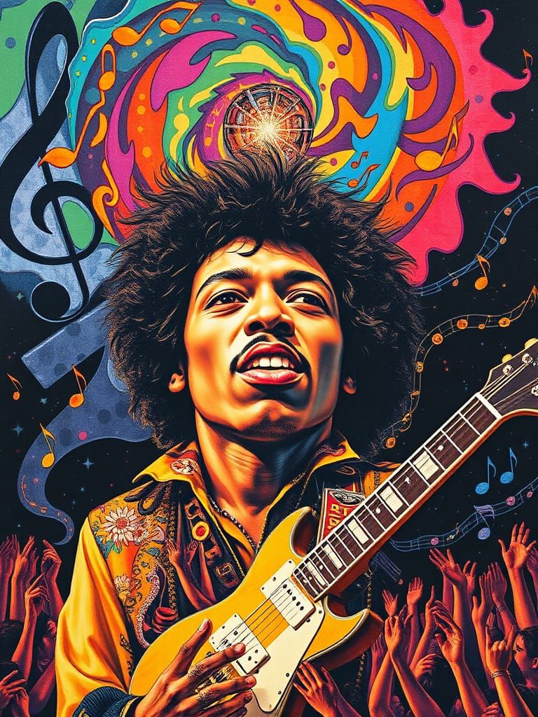 Psychedelic Collage of Rock Legend in Vibrant Style