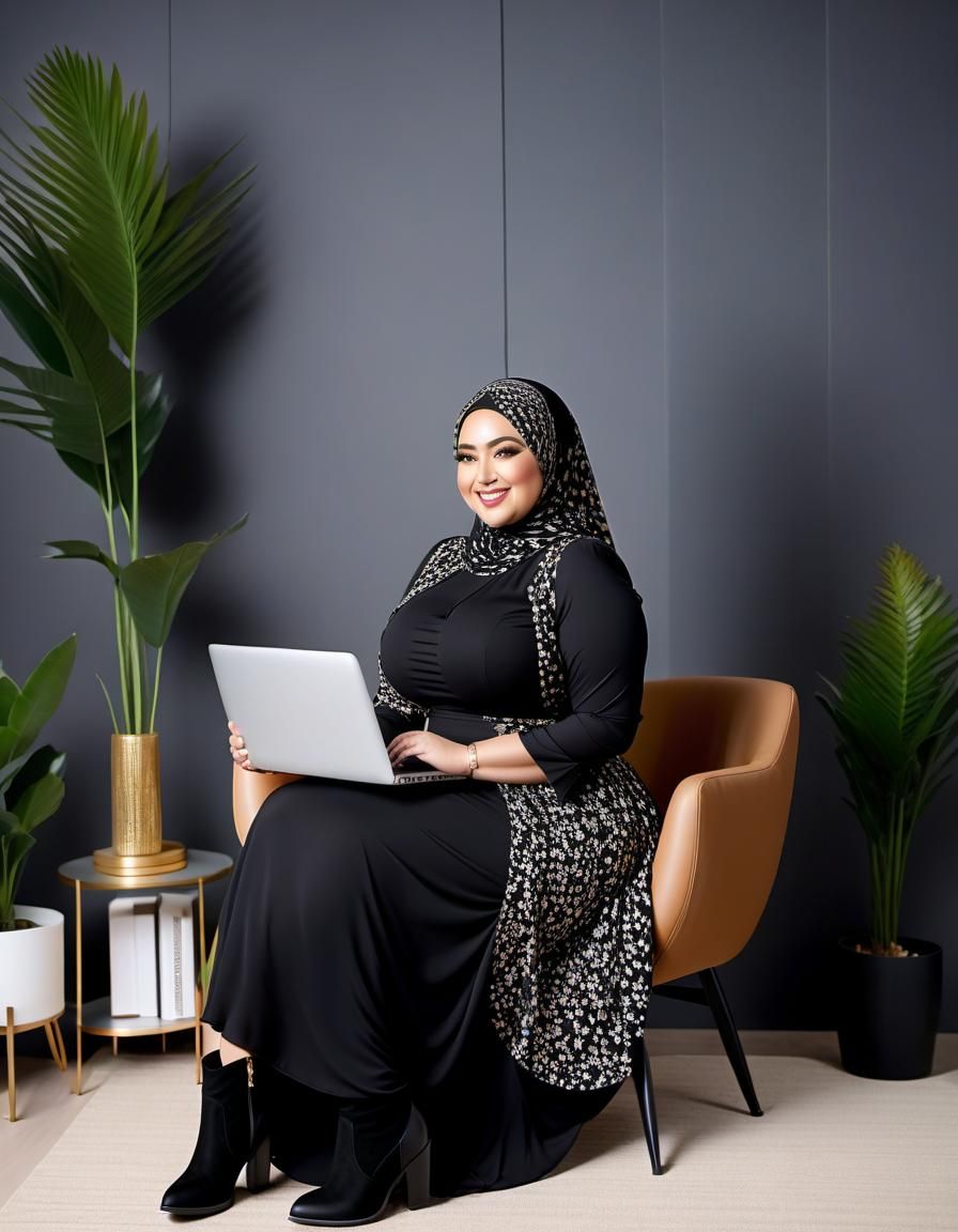 Curvy Woman in Hijab Working in Modern Office