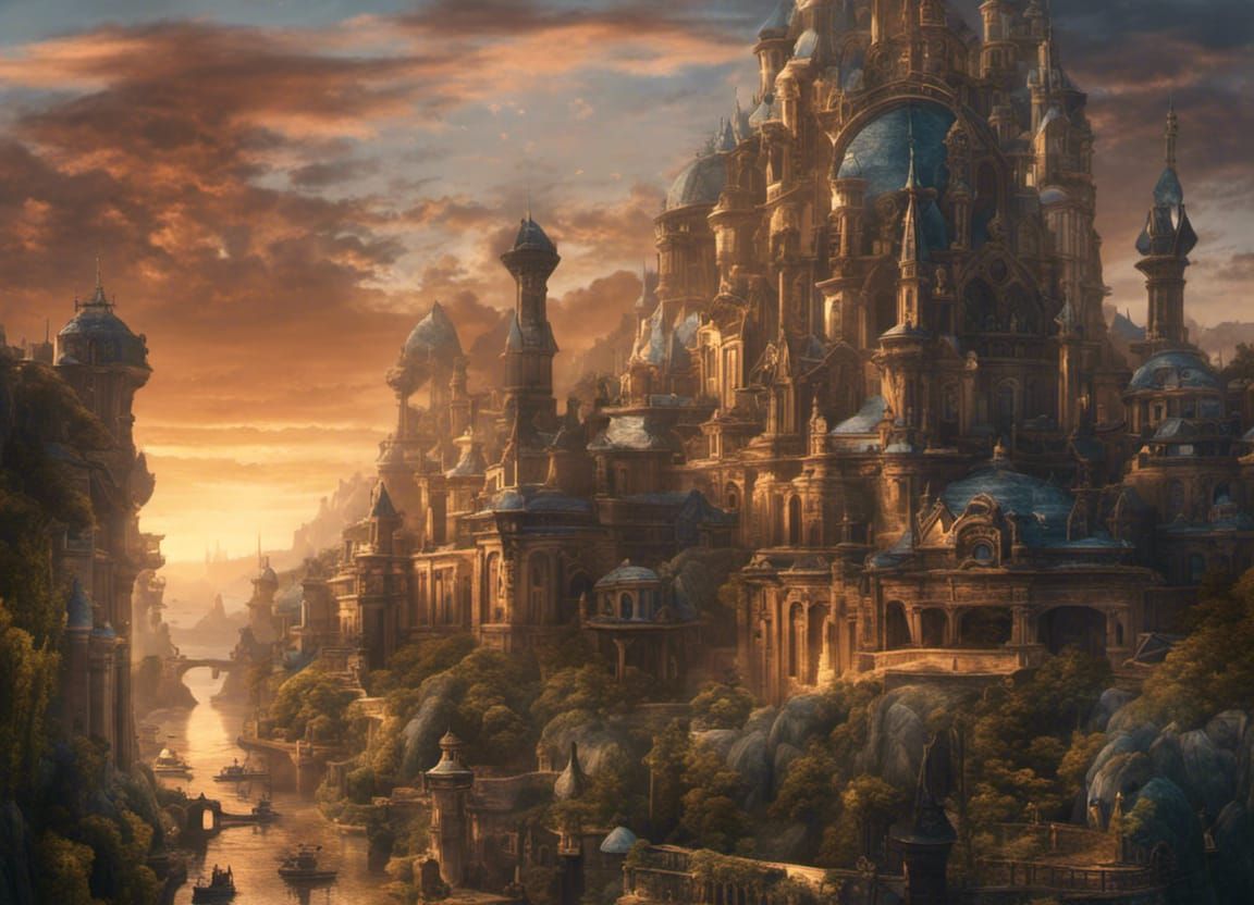 Ethereal Fantasy City at Golden Hour