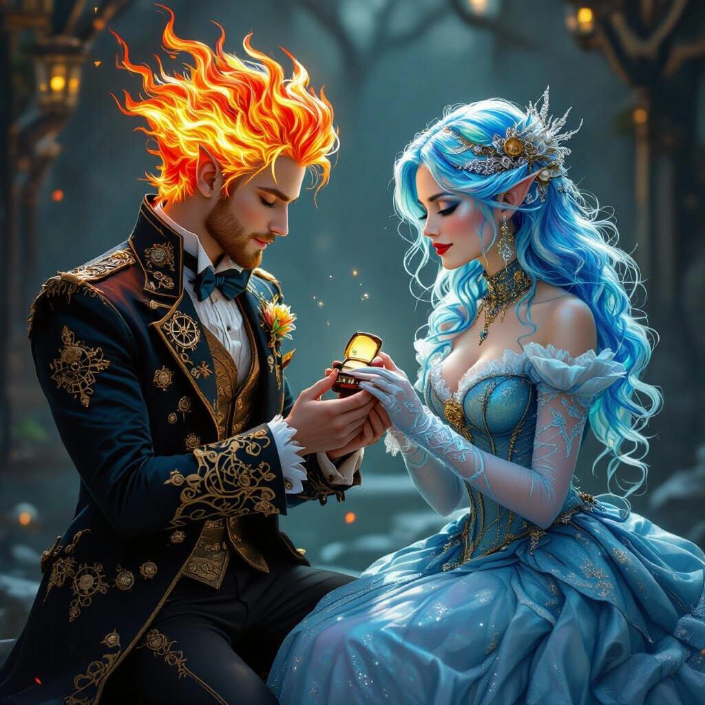 Steampunk Fire Sprite Proposes to Water Sprite