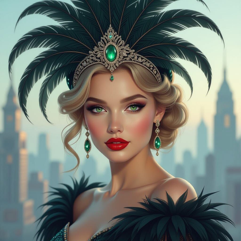Surreal Cityscape: Woman with Feathered Headpiece