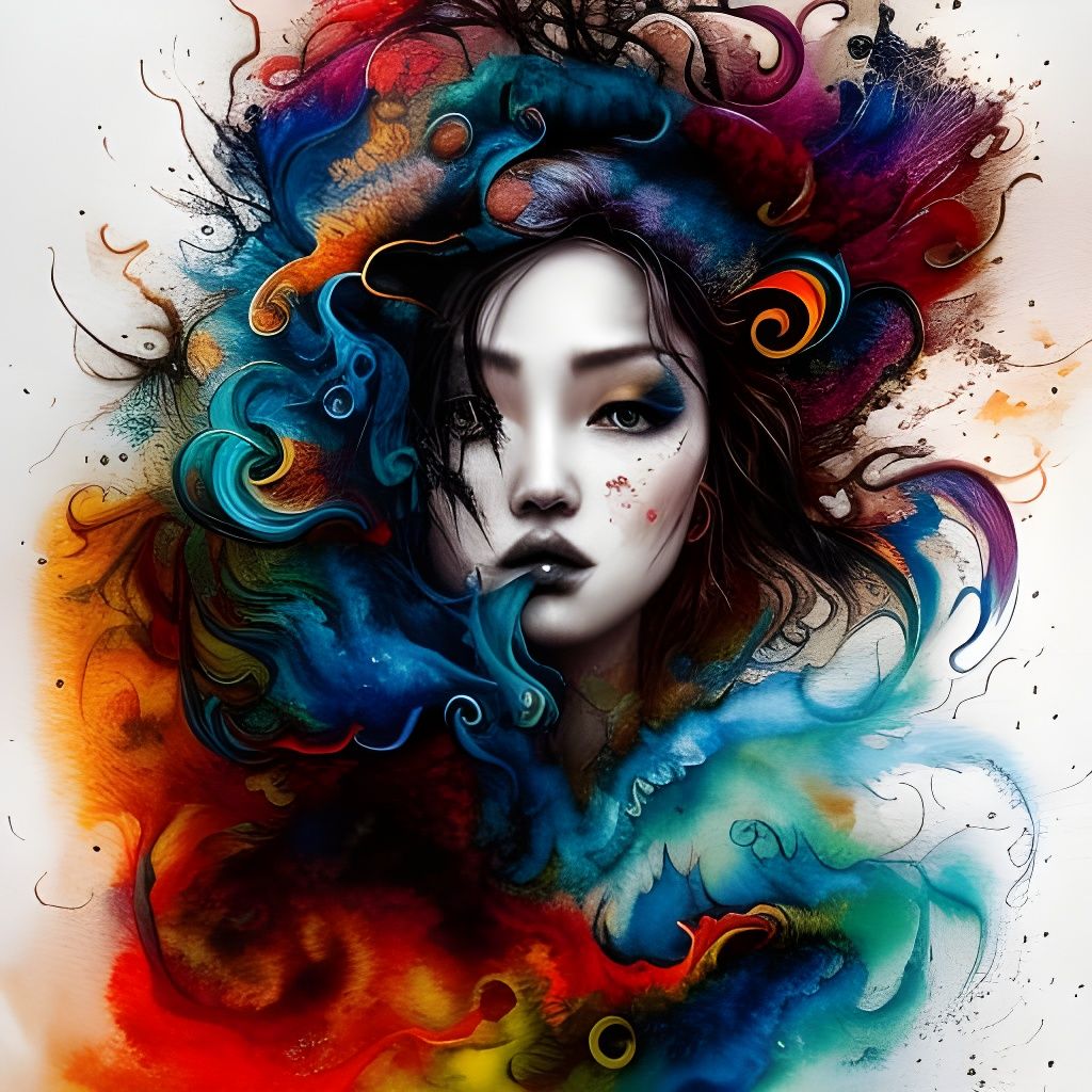 Fiery Girl Portrait with Colorful Ink Flow