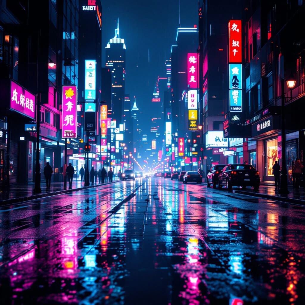 Moody Neon Cityscape Reflections in Cinematic Style