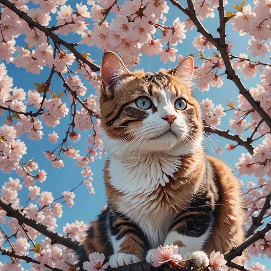 Cat Under Cherry Blossoms: Hyperrealistic Concept Art