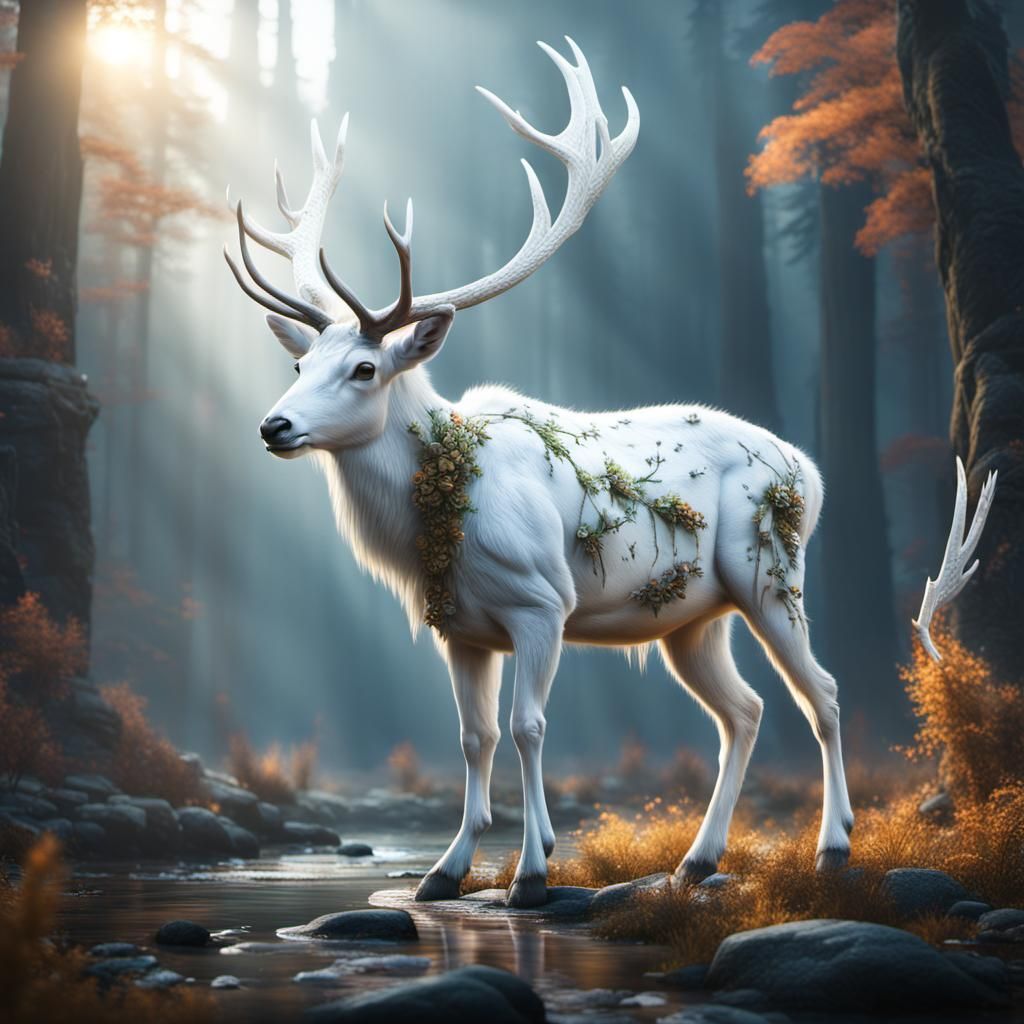 Fantastical White Bipedal Deer in Detailed Matte Painting