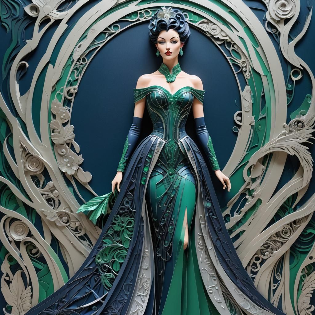 Elegant Lady in Futuristic Gown: 3D Paper Art