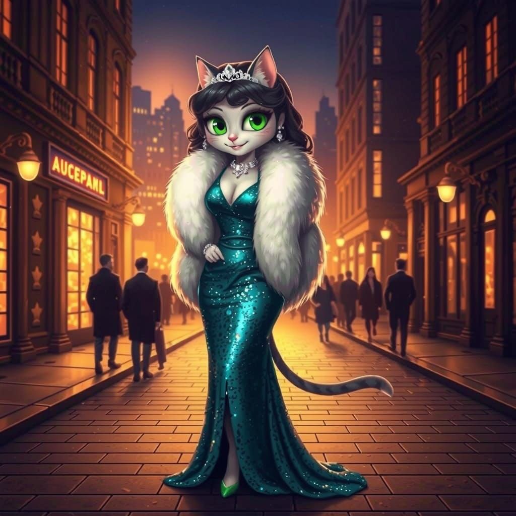 Sultry Feline Goddess in Vibrant City Nightscape
