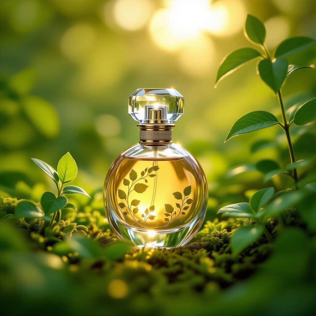 Glass Perfume Bottle with Vines in Sunlit Garden