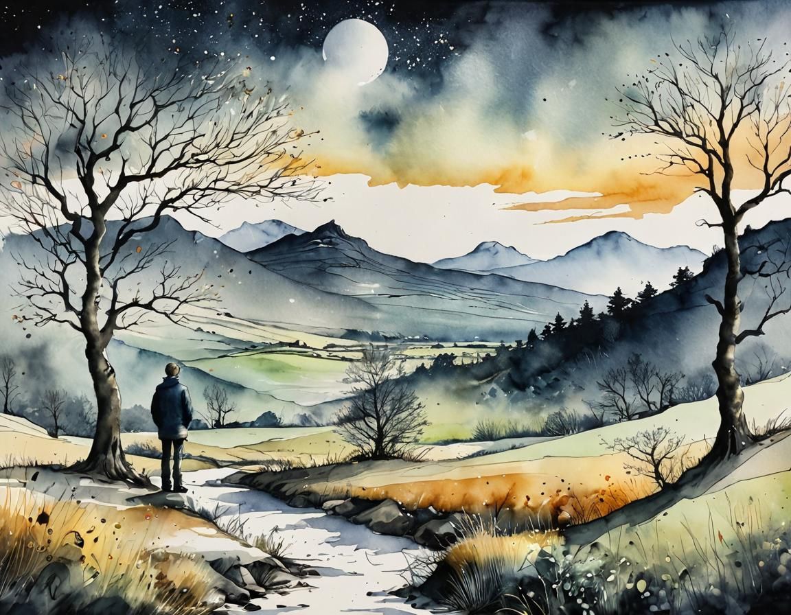 Watercolor Landscape of Man Observing Nature
