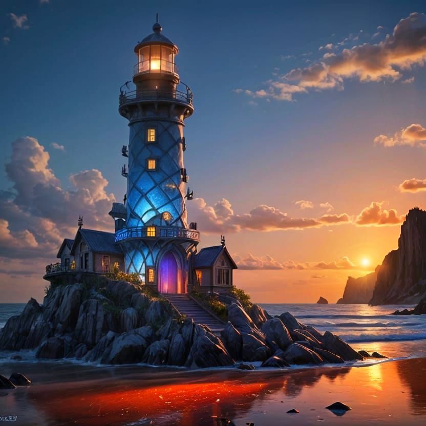 Cobalt Sea Glass Lighthouse Sculpture with Rococo Flourishes