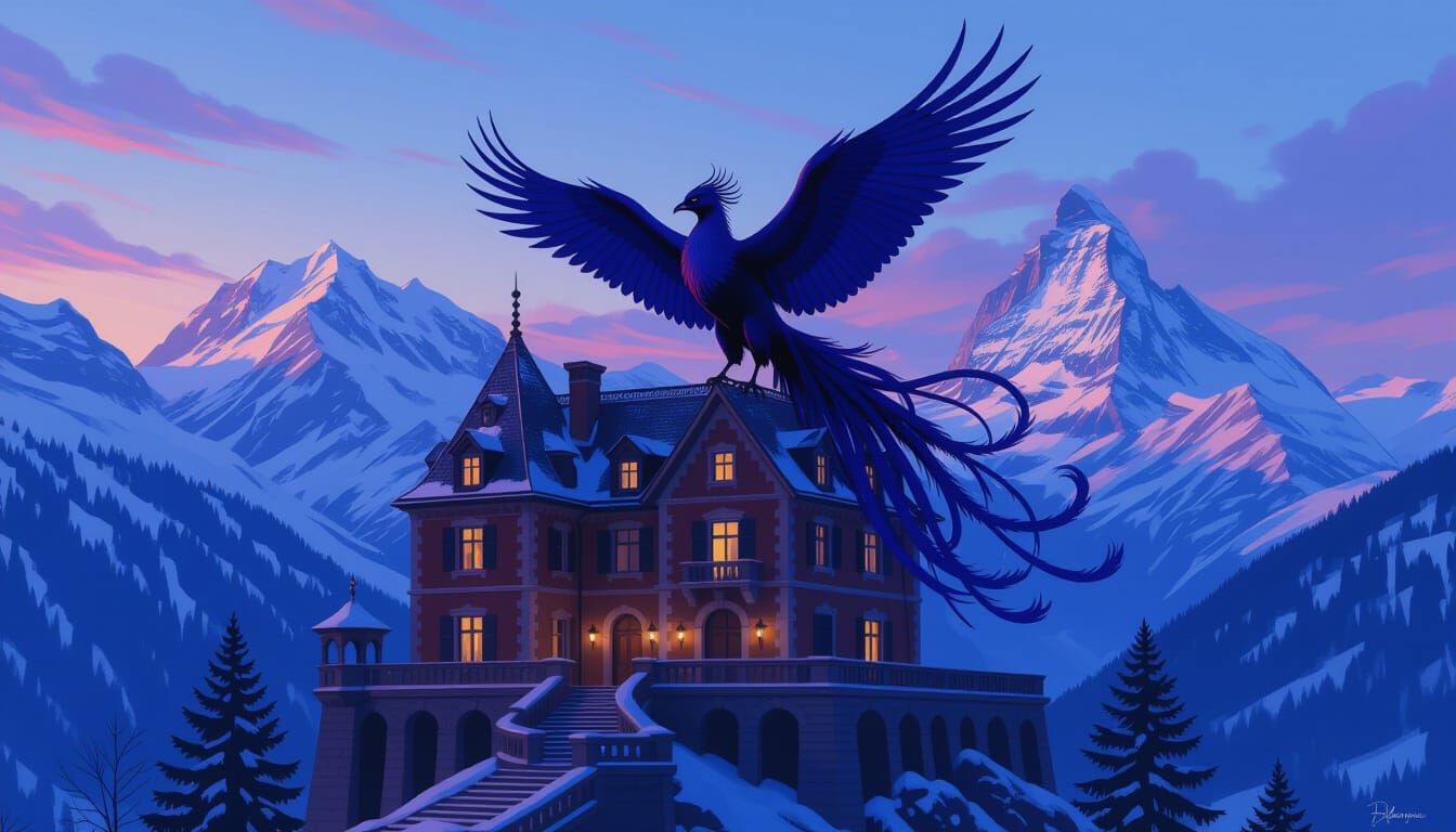 Majestic Phoenix on Chateau in Snowy Alps