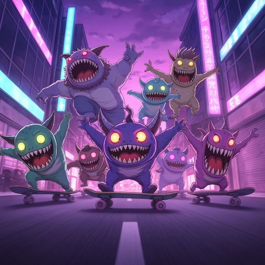 Anime Monsters Skateboarding Through Neon City at Dusk